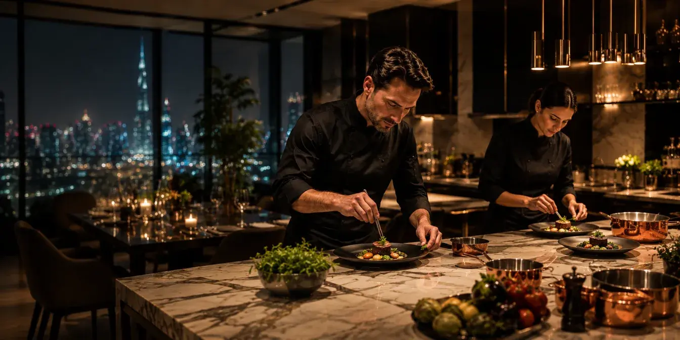Private chef plating a fine-dining course in a Dubai penthouse kitchen with a skyline view