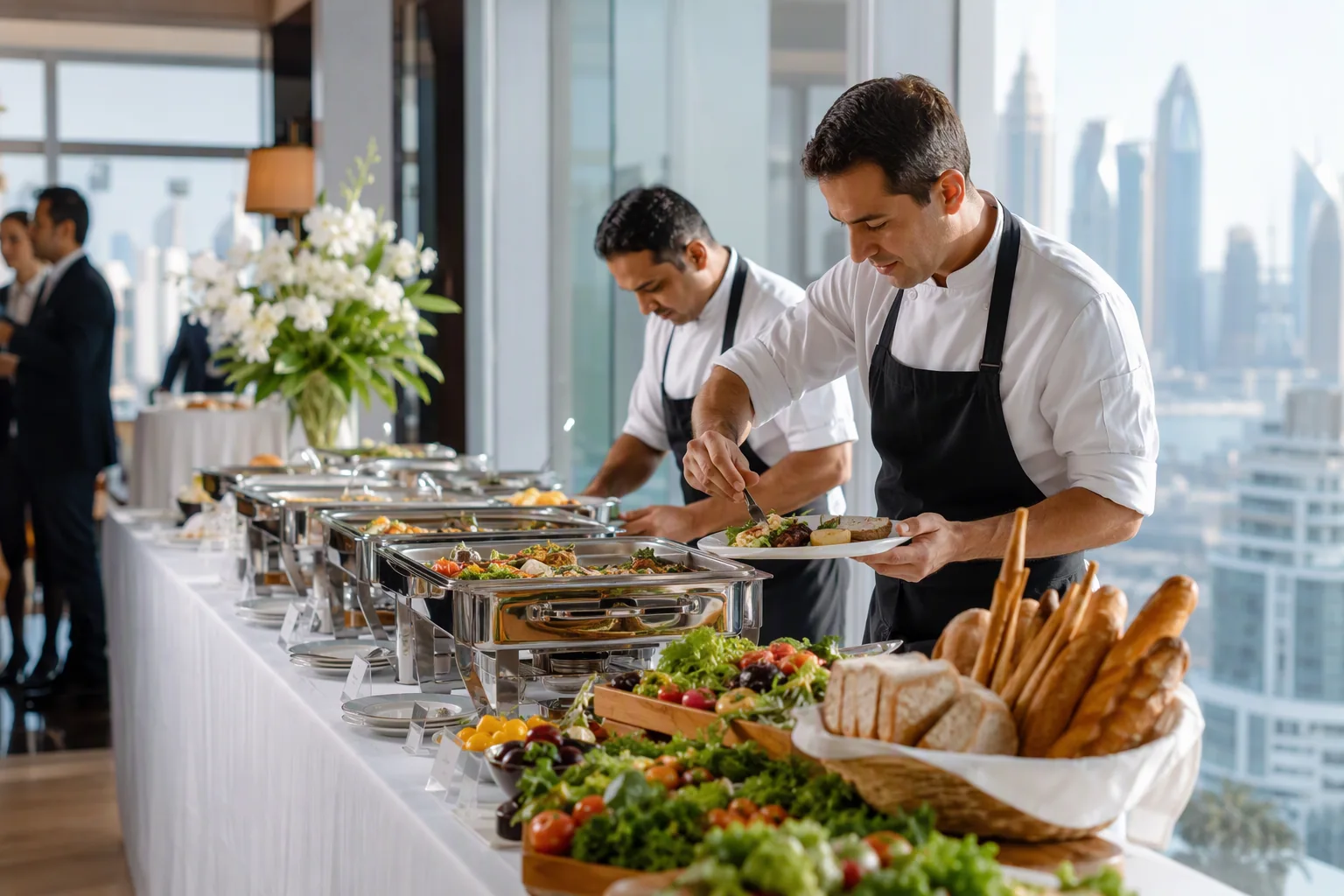 A buffet table set for a catered event