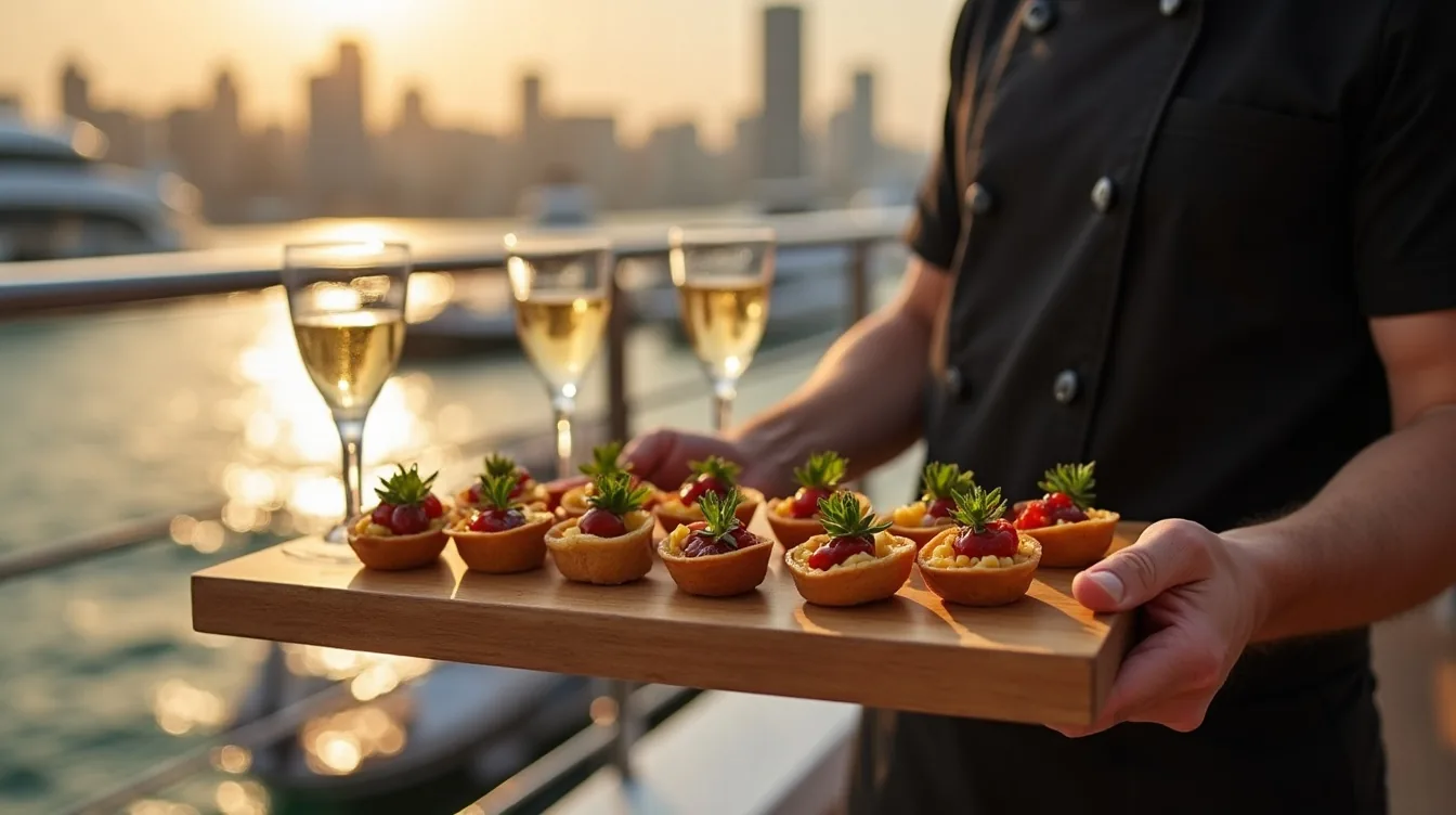 Chef serving canapés on a yacht deck in Dubai